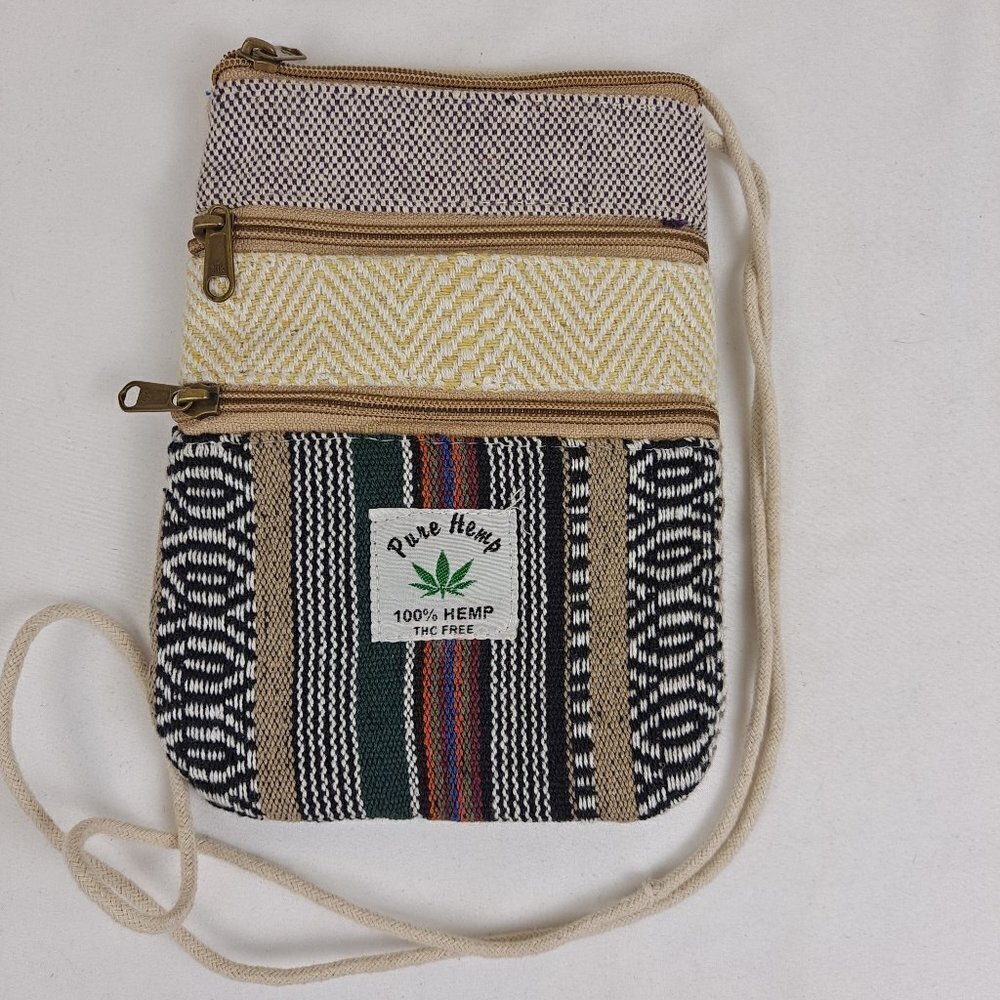 Handmade Pure Hemp Crossbody Bag Multi Pocket Chevron Stripes Cord Strap NWOT